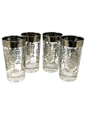 Vintage Kimiko Highball Glasses Set of 4 Silver Guardian Shield Coat of Arms Mid
